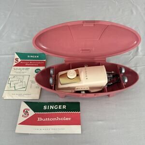 Vintage 1960 Singer Button Holer Sewing Machine Attachment In Pink Case Manual